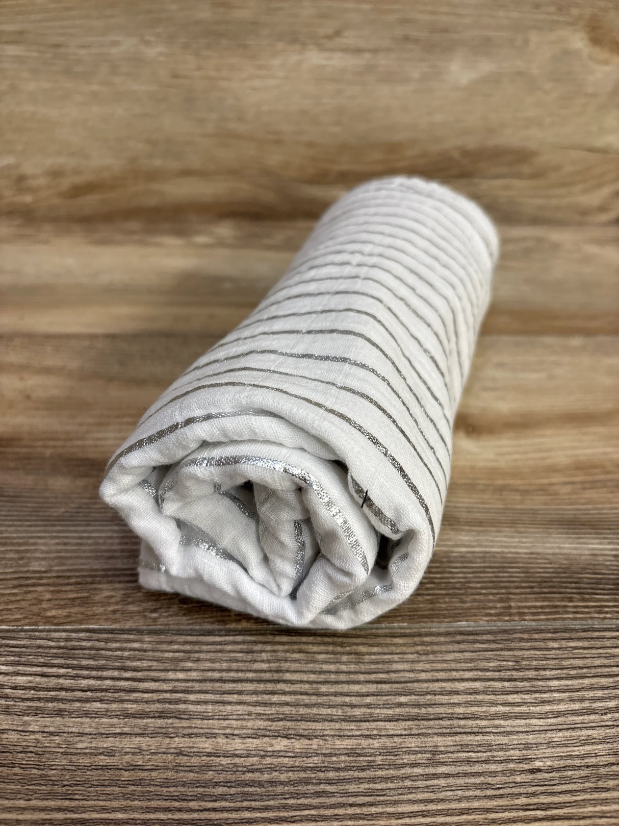 Okie Dokie Muslin Swaddle Blanket, White w/ Metallic Stripes