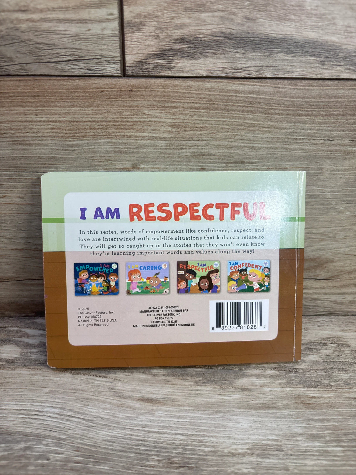 Back cover of I Am Respectful lift-a-flap board book showcasing 'I AM RESPECTFUL' headline, series thumbnails and barcode on wood surface