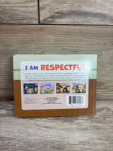 Back cover of I Am Respectful lift-a-flap board book showcasing 'I AM RESPECTFUL' headline, series thumbnails and barcode on wood surface