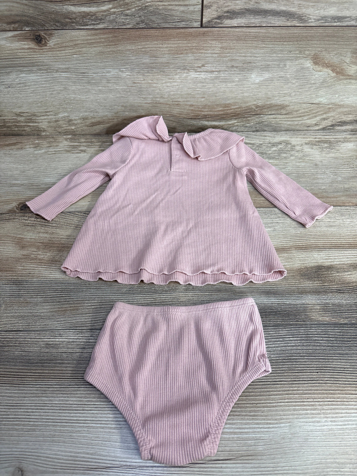 Pink ribbed long sleeve baby dress with ruffle collar and matching diaper cover