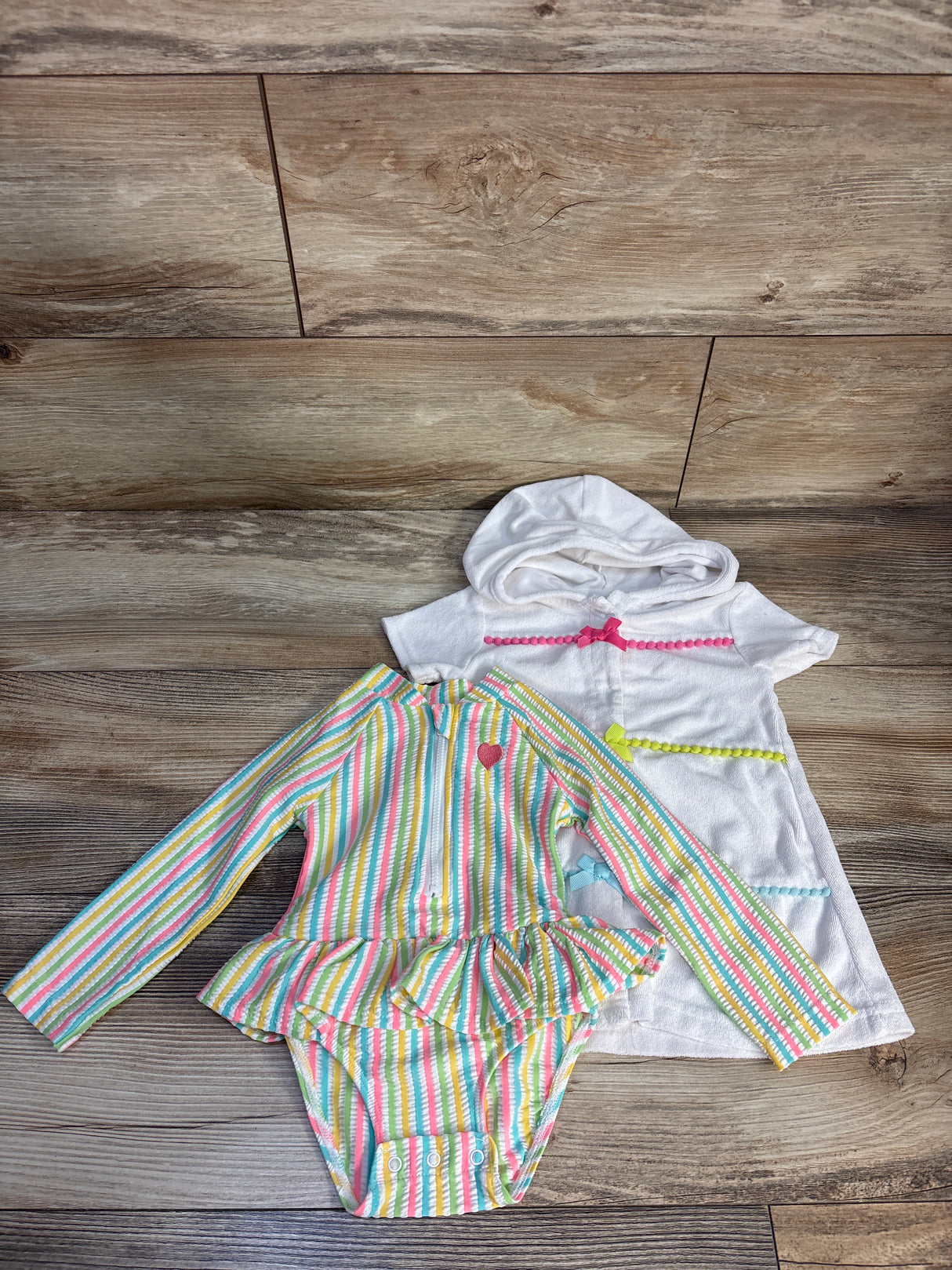 Little Me 2pc Striped Seersucker Swimsuit & Hooded Terry Cloth Cover-Up White sz 18m