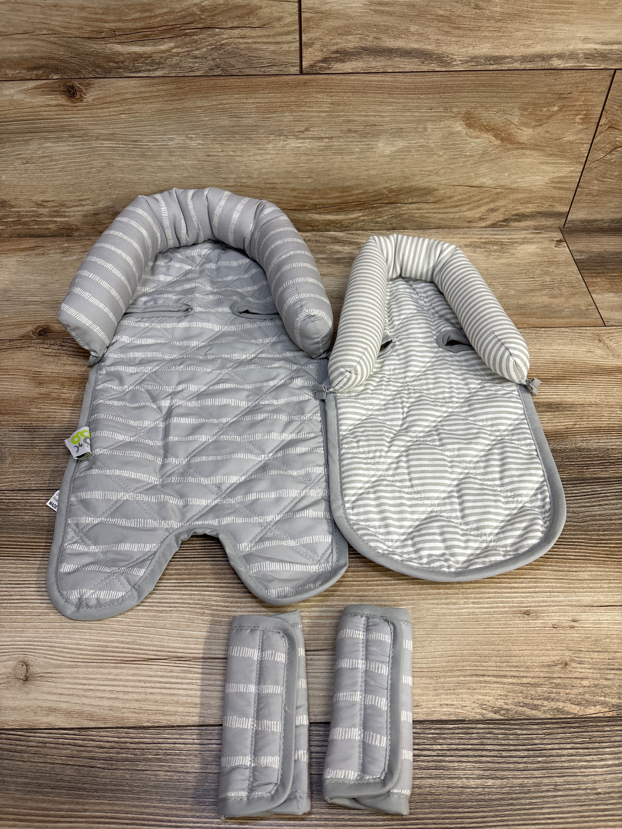 GoldBug Duo Car Seat Head Support and Strap Cover, Gray Ticking Stripes