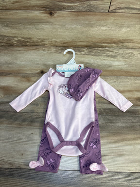 Disney Baby Minnie Mouse 3pc outfit with pink ruffle bodysuit, purple print pants, and matching hat on hanger