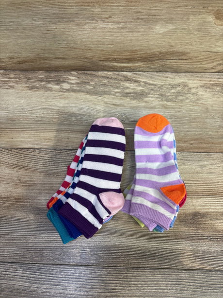 Top-down view of 9-pack children's striped ankle socks size 4-8, assorted colors on a wood floor