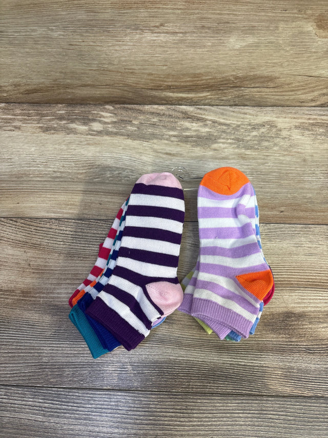 Top-down view of 9-pack children's striped ankle socks size 4-8, assorted colors on a wood floor