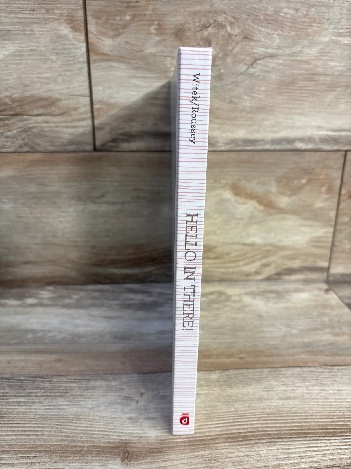 Spine view of Hello in There! hardcover children's book showing vertical title and author name on a wood background