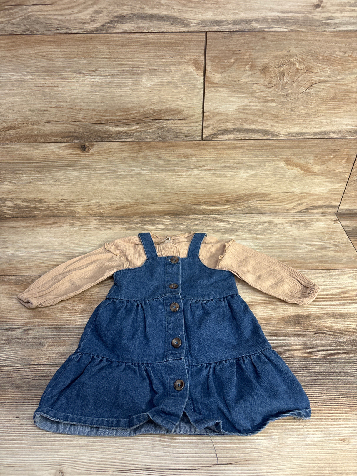 Chelsea & Violet 2pc Muslin Shirt & Denim Overall Dress Brown sz 12m