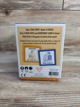 Back of Rolly Poly game box showing headline 'Take 3 BIG STEPS! Name 5 FOODS!' sample action cards on wooden background