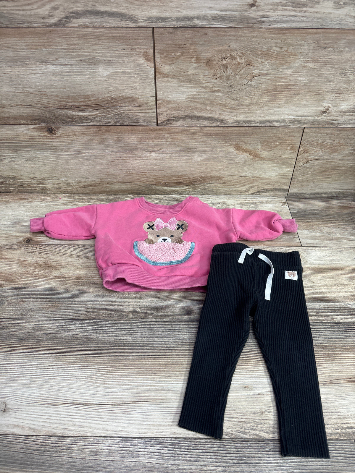 Huxbaby 2pc Embroidered Watermelon Bear Sweatshirt & Ribbed Pants Set Pink sz 6-12m