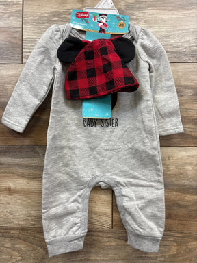 Disney Baby Sister holiday onesie with red plaid Mickey ears hat, 6M infant outfit