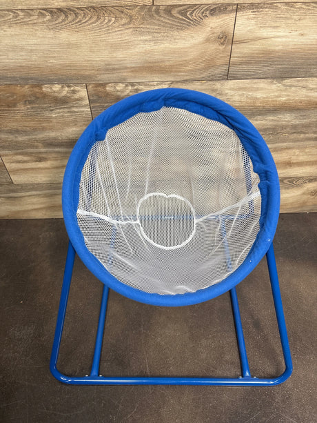 Top-down view of Lakeshore ball toss set showing blue circular target with white mesh and center hole on wood background