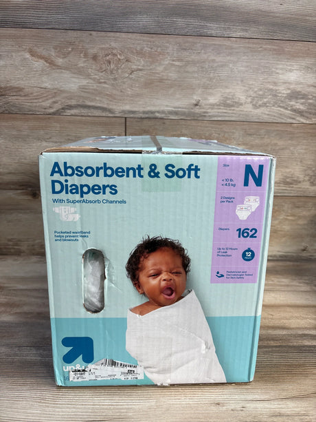 Absorbent & soft newborn diapers, size N, 162 count, with leak protection for baby care essentials