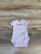 Front flat lay of preemie purple Child of Mine bodysuit showcasing happy chest text, short sleeves, and three snap closures on wood background
