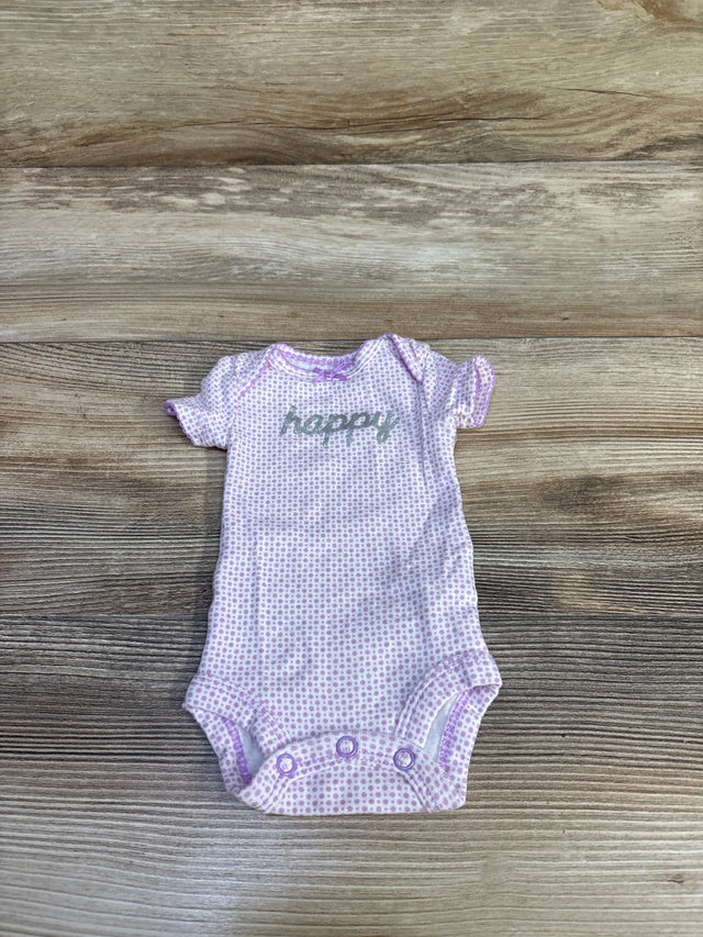 Front flat lay of preemie purple Child of Mine bodysuit showcasing happy chest text, short sleeves, and three snap closures on wood background