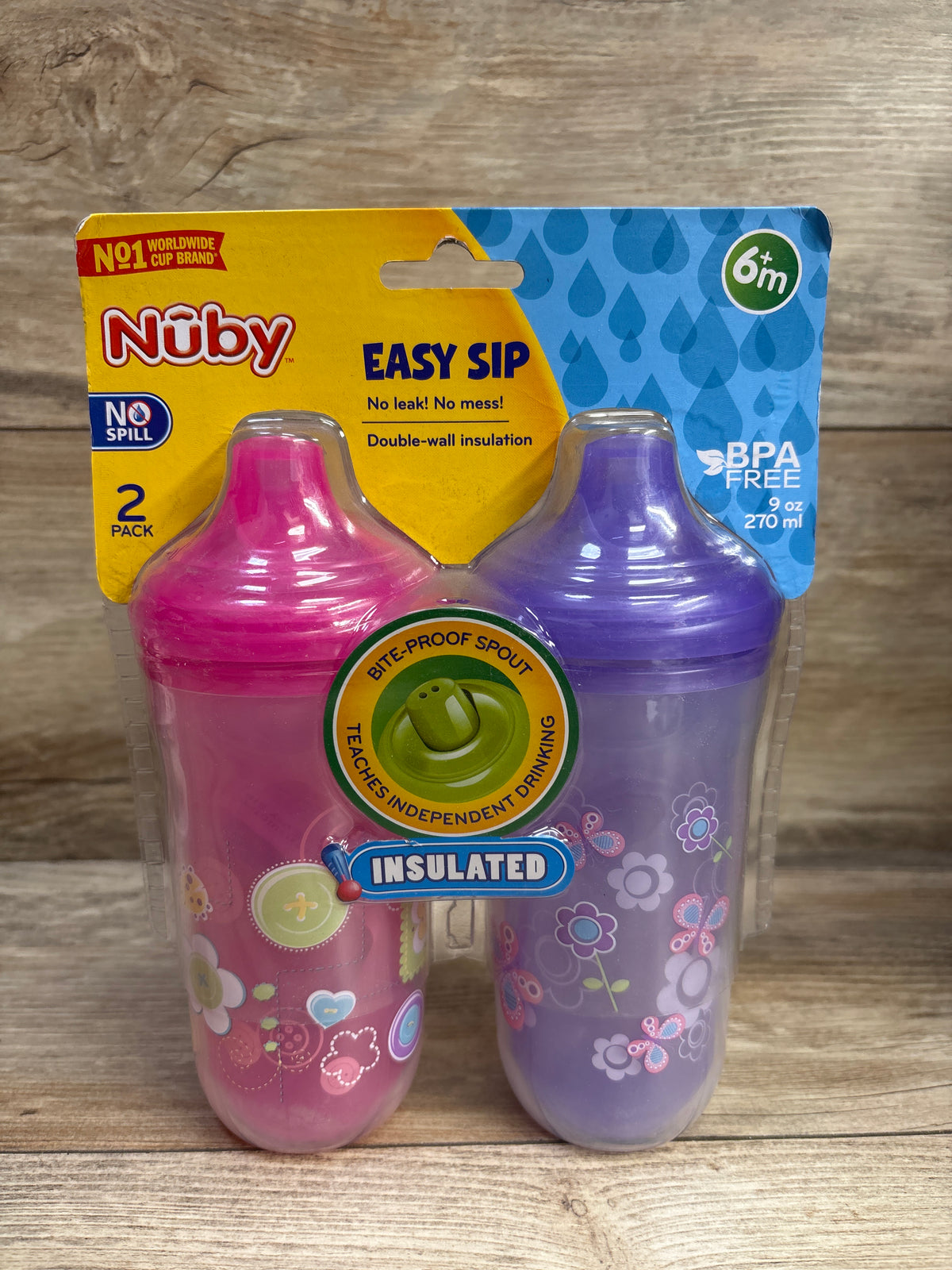 NEW Nuby Easy Sip Insulated Hard Spout Cups Pink/Purple 2pk 9oz