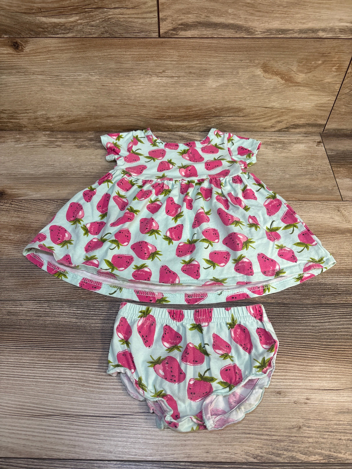 Baby Essentials Strawberry Print 2pc Dress & Bloomers Blue sz 12m
