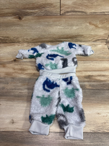 Grey plush 2-piece dinosaur print sweatshirt and joggers set for infants size 0-3m.