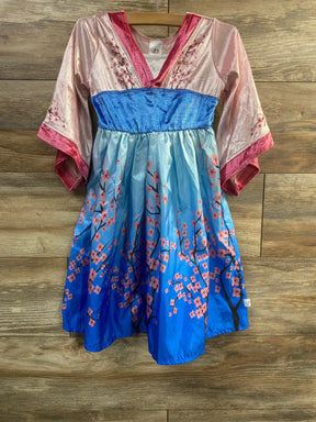 Front view of toddler Cherry Blossom twirl dress with pink velvet top, blue waistband and floral ombre skirt on hanger