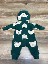 Back view of Carter’s green sherpa lined hooded coverall in size 3 months showcasing animal face print and ribbed cuffs with wood floor background