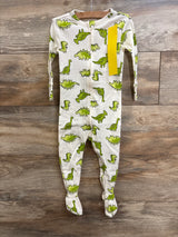 Front view of Old Navy white footed sleeper size 12-18 months showcasing all-over green dinosaur print and center zipper with wood plank background
