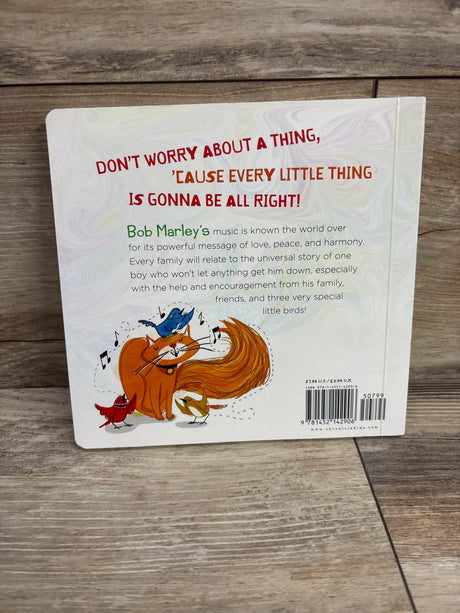 Back cover of Every Little Thing board book showcasing the quote Dont Worry About a Thing and animal illustrations on wood