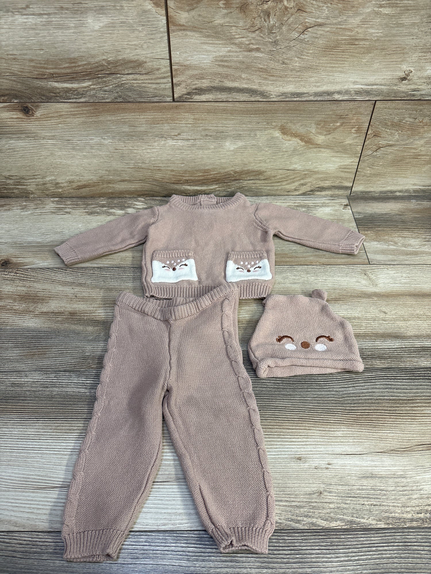 Little Lass 3pc Knit Sweater, Pants, & Hat Set Brown sz 6/9m