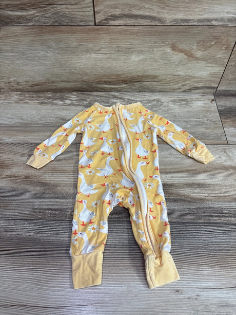 Front view of PatPat bamboo duck sleeper in yellow with duck and daisy print and front zipper on a wood floor