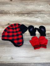 NEW Simple Joys Hat & Mitten Set in Black Red Buffalo Check sz 2T-5T