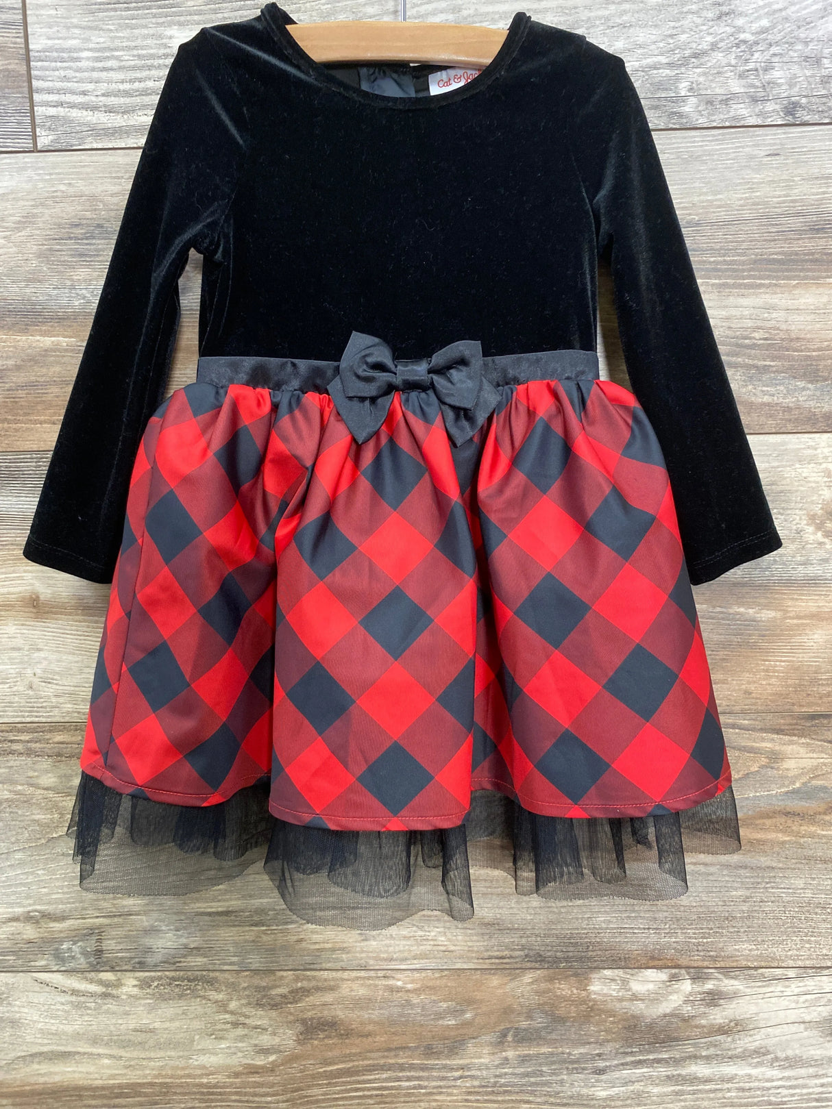 Cat & Jack Velvet Long Sleeve Tulle Dress Buffalo Plaid Black sz 2T