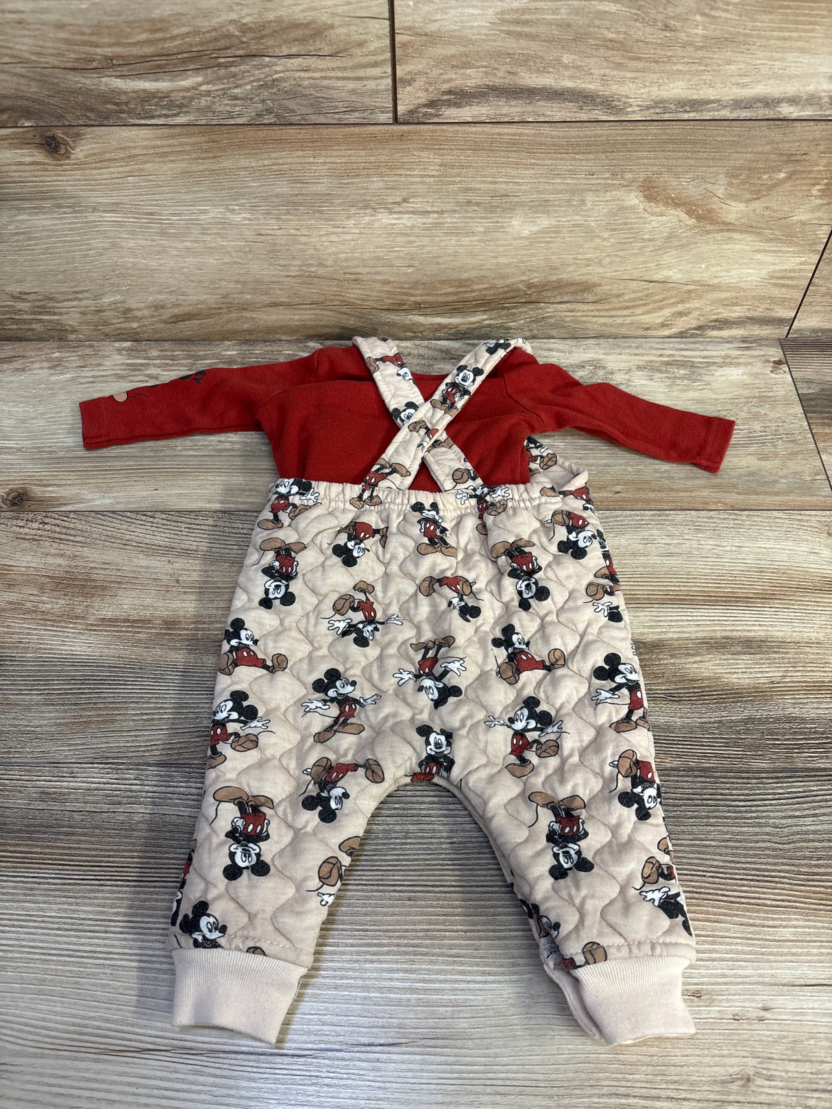 Disney Baby 2pc Mickey Mouse Quilted Overalls Set Red sz 0/3m