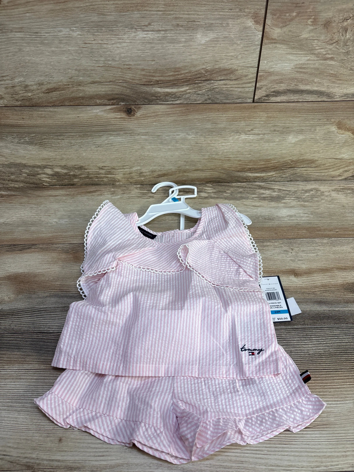 NEW Tommy Hilfiger 2pc Striped Seersucker Shirt & Shorts Set Pink sz 24m