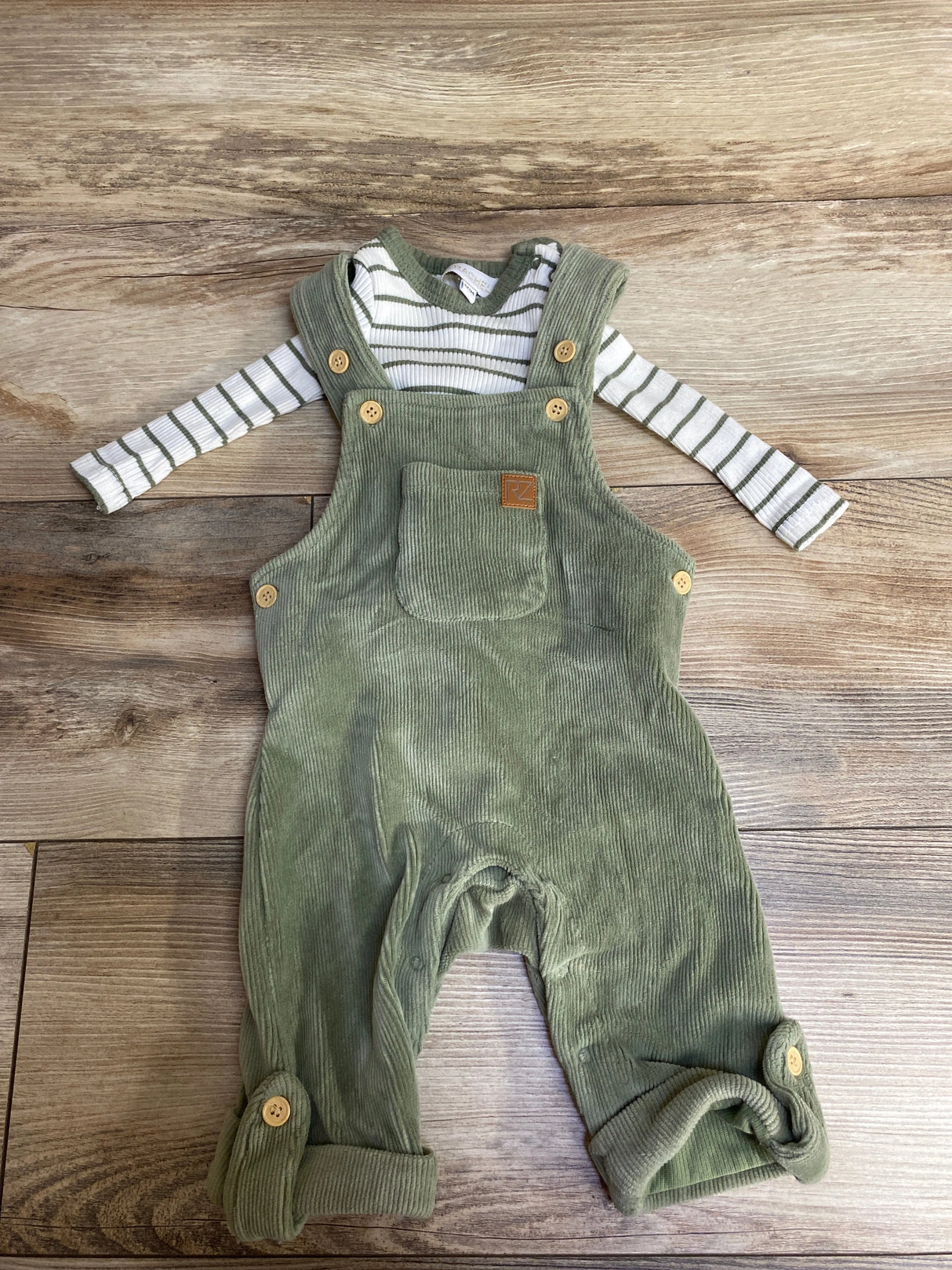 Rachel Zoe 2pc Set Striped Bodysuit & Corduroy Overalls Green sz 0-3m