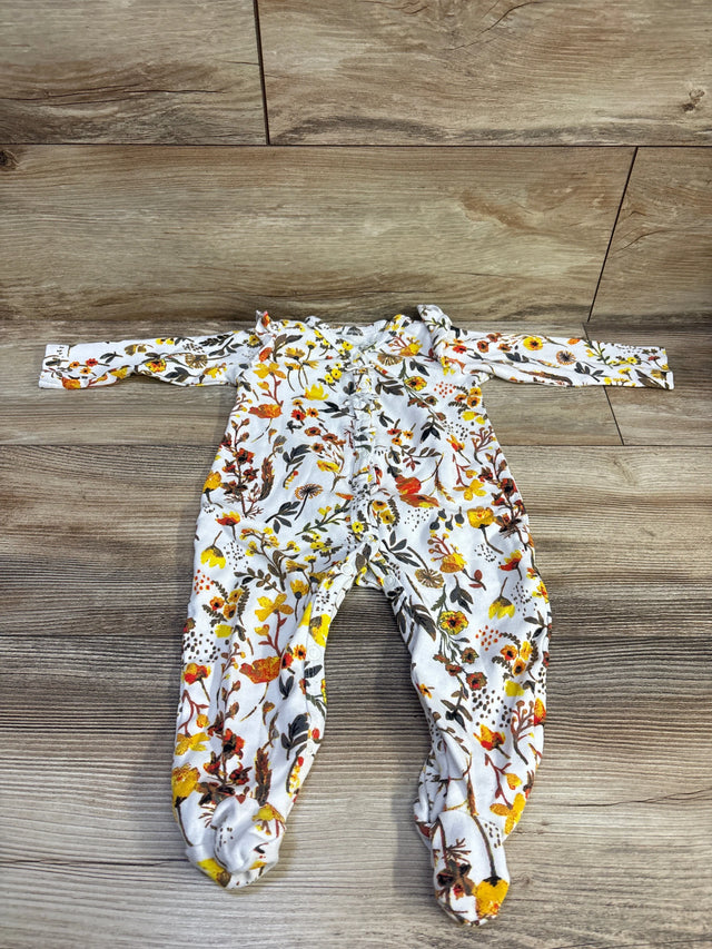 Top view of white Laughing Llama size 9-month snap sleeper with floral print, long sleeves, footed legs, and snap closures