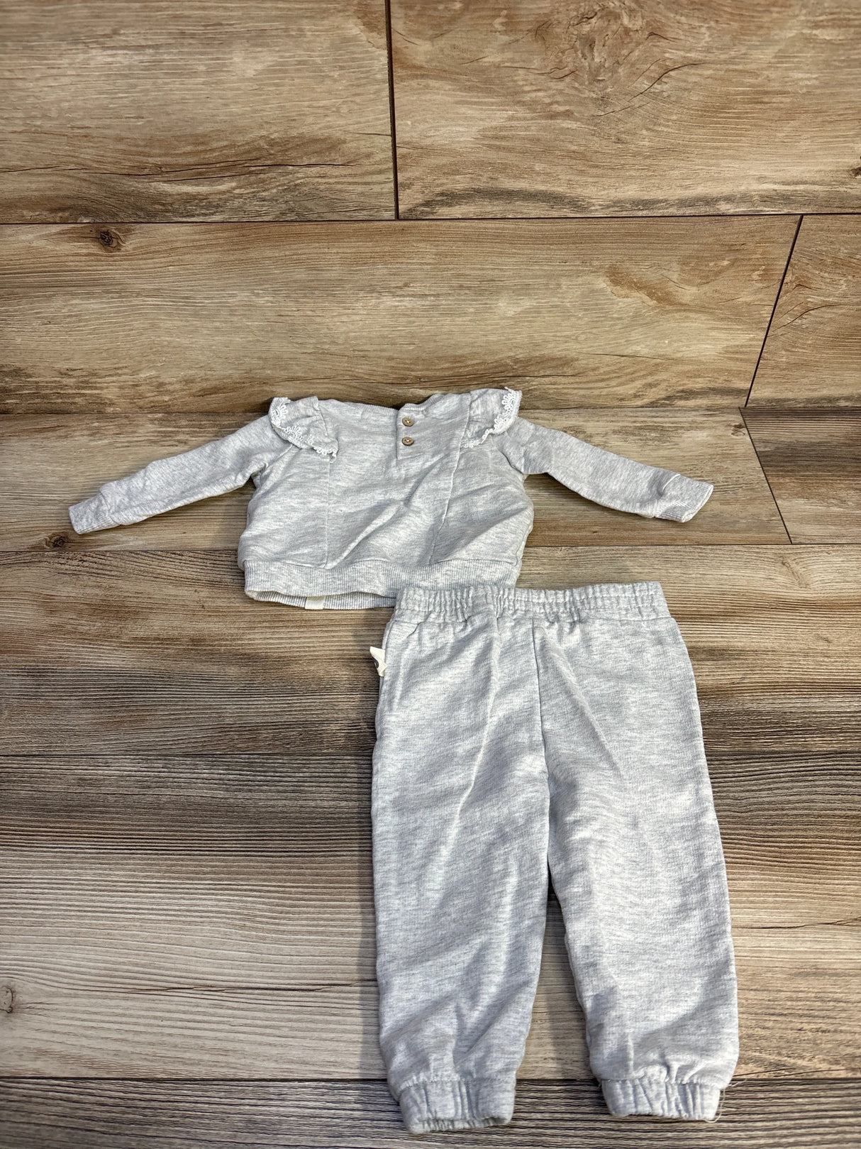 Rabbit Bear Organic 2pc Embroidered Floral Ruffled Shirt & Pants Set Grey sz 6-9m