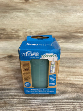 Front of Dr. Brown's 4oz narrow silicone bottle sleeve in blue box showing sleeve through window and Happy feeding on wood