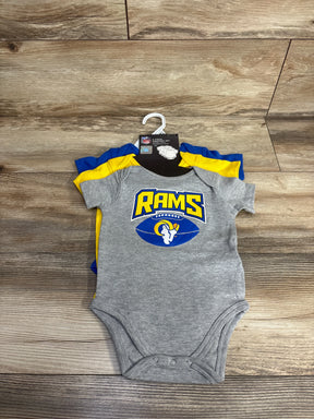 Gray and yellow Rams baby bodysuit on hanger, football team logo, wooden floor background