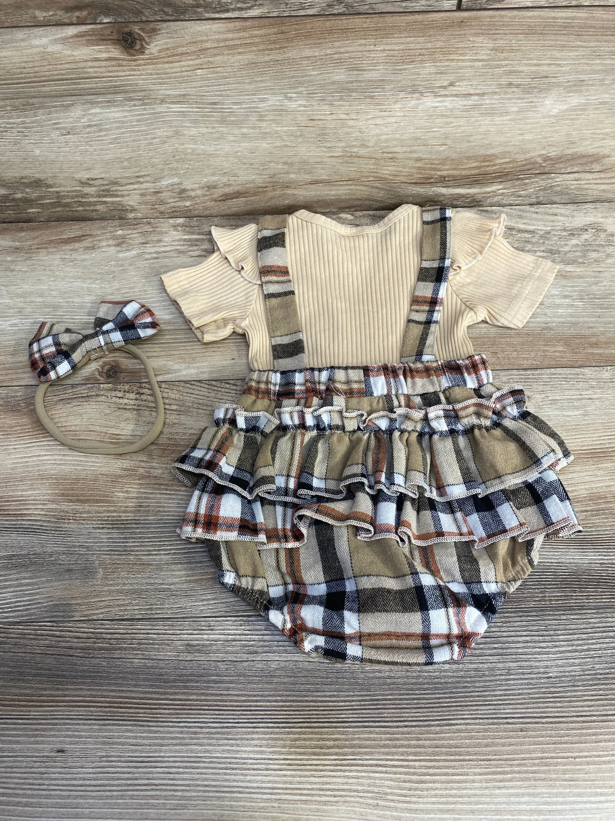 2pc Ribbed Ruffle Romper & Headband Beige sz 9-12m