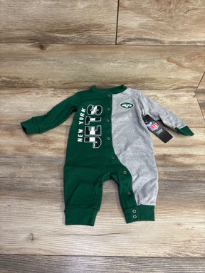 New York Jets infant onesie with green and gray color block, snap buttons, and NFL team logo