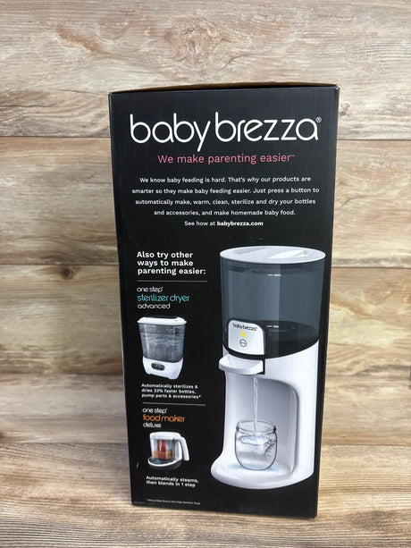 Front view of Baby Brezza bottle warmer box showing warmer pouring water into a jar and headline 'We make parenting easier'
