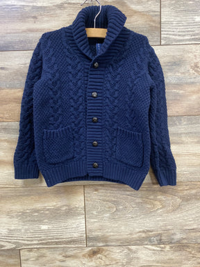 Navy blue cable knit toddler cardigan sweater with buttons and front pockets