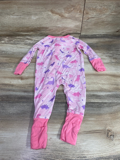 Pink Suzel bamboo convertible sleeper with purple dinosaur print for infants size 0-3m