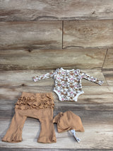 RZ by Rachel Zoe 3pc Floral Ribbed Bodysuit, Pants, & Hat White sz 0/3m