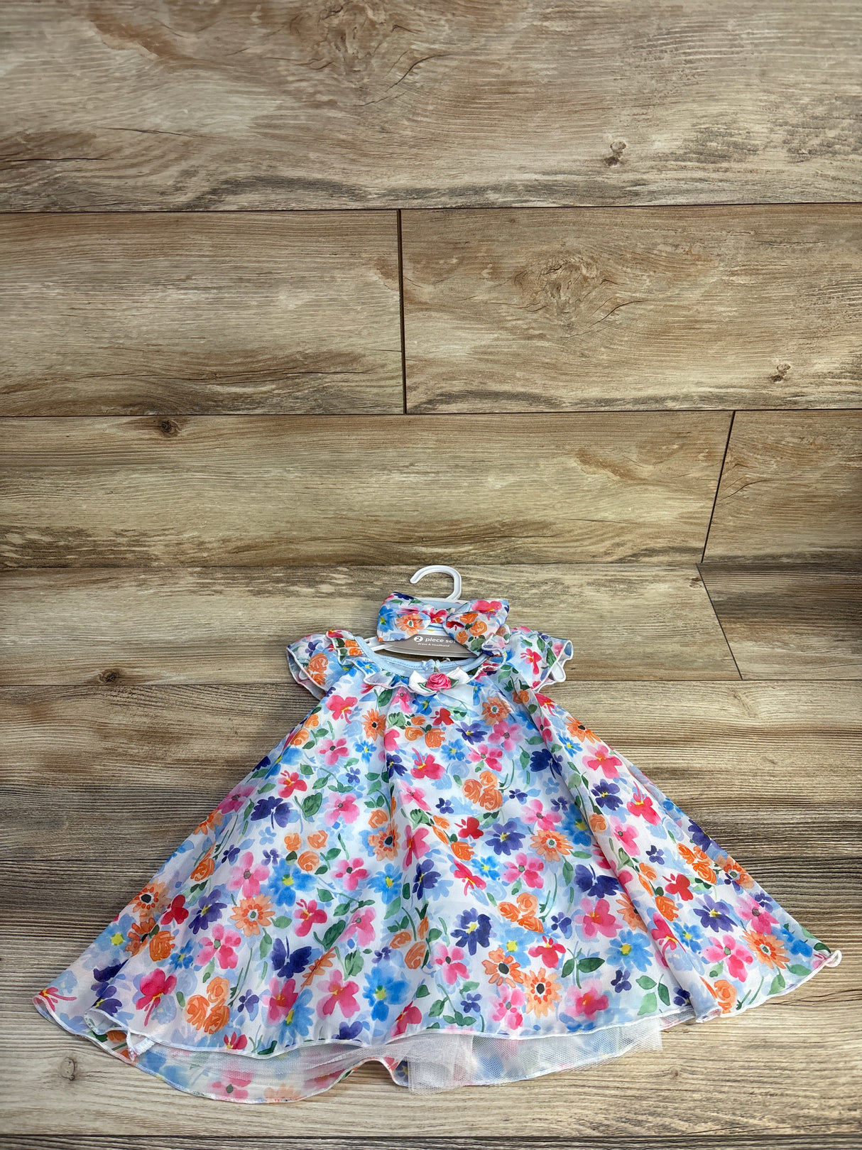 NEW Baby Starters 2pc Floral Bodysuit Dress & Headband Set Blue sz 9m