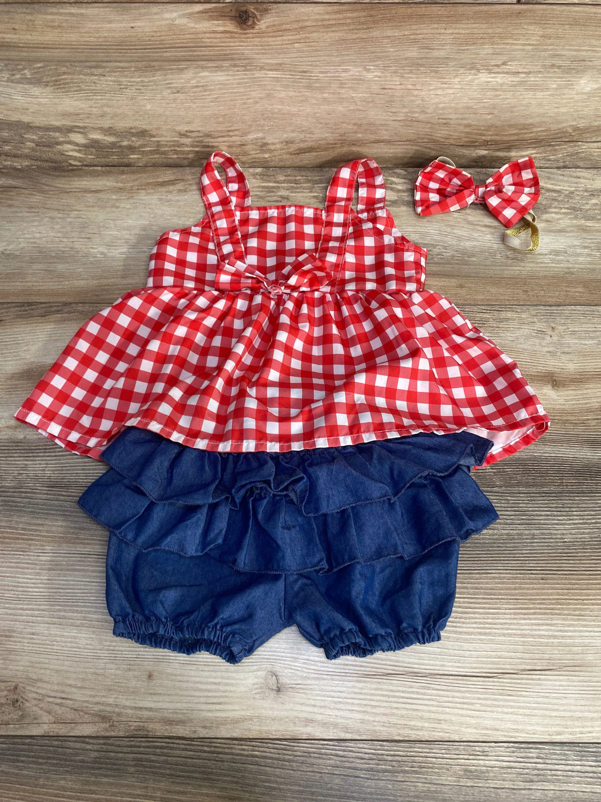3pc Gingham Top + Shorts + Headband Red sz 18-24m