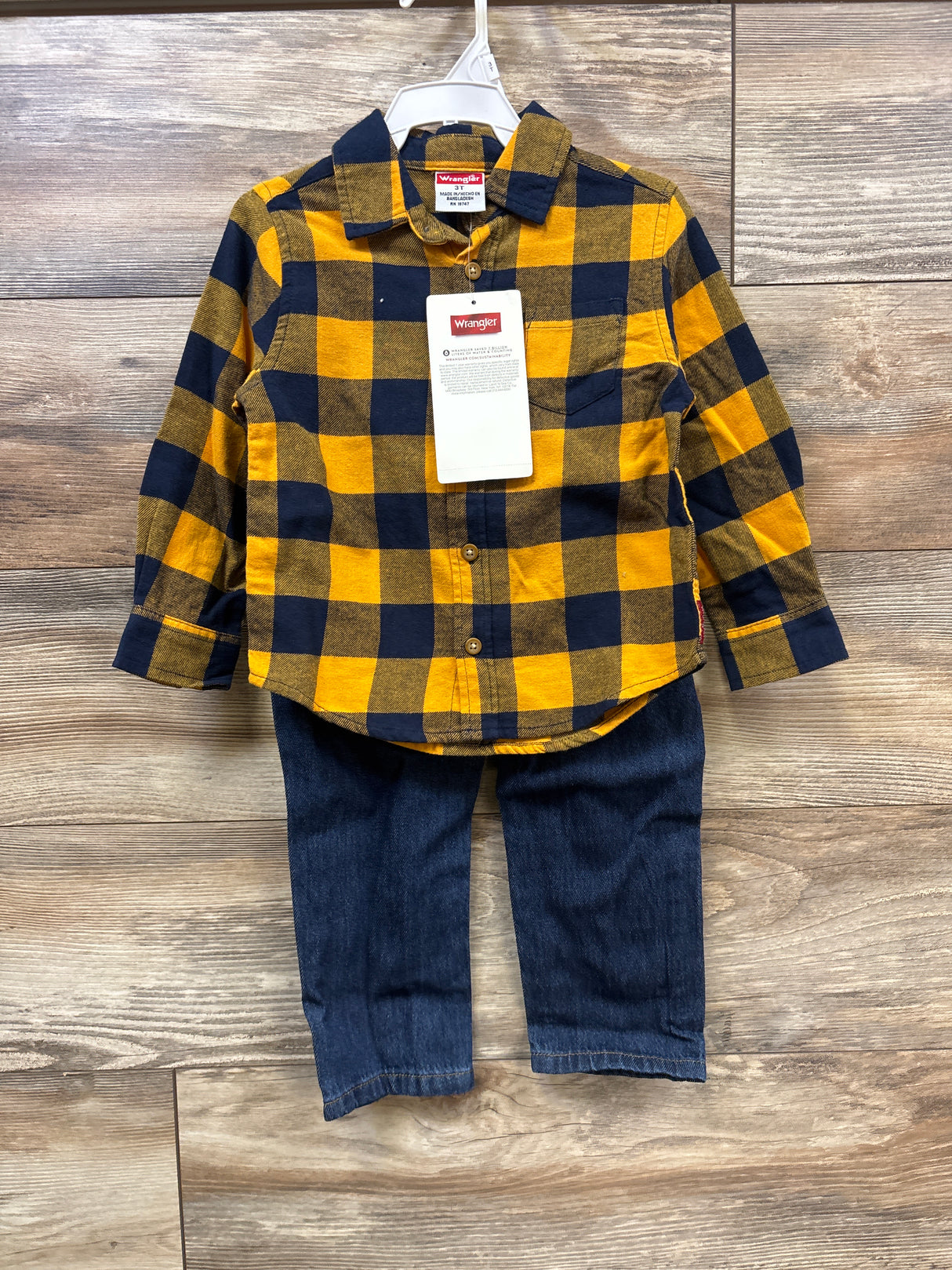 NEW Wrangler 2pc Long Sleeve Flannel & Jeans Yellow sz 3T
