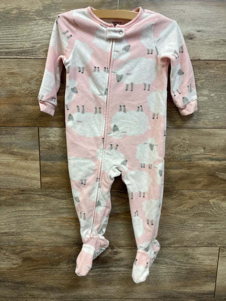 Front view of Carter’s pink blanket sleeper showcasing sheep pattern, long sleeves, front zipper, and built-in feet on a wood floor