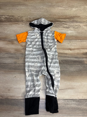 Halloween baby onesie with skeleton and ghost print, orange sleeves, gray stripes, black zipper and cuffs