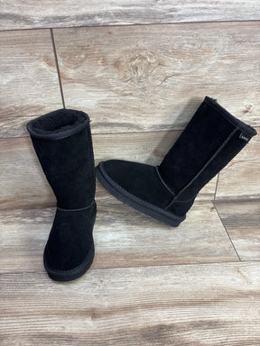Front and side view of Bearpaw Kenzie tall wool lined kids boots size 12C showing black suede and wool lining on wood floor