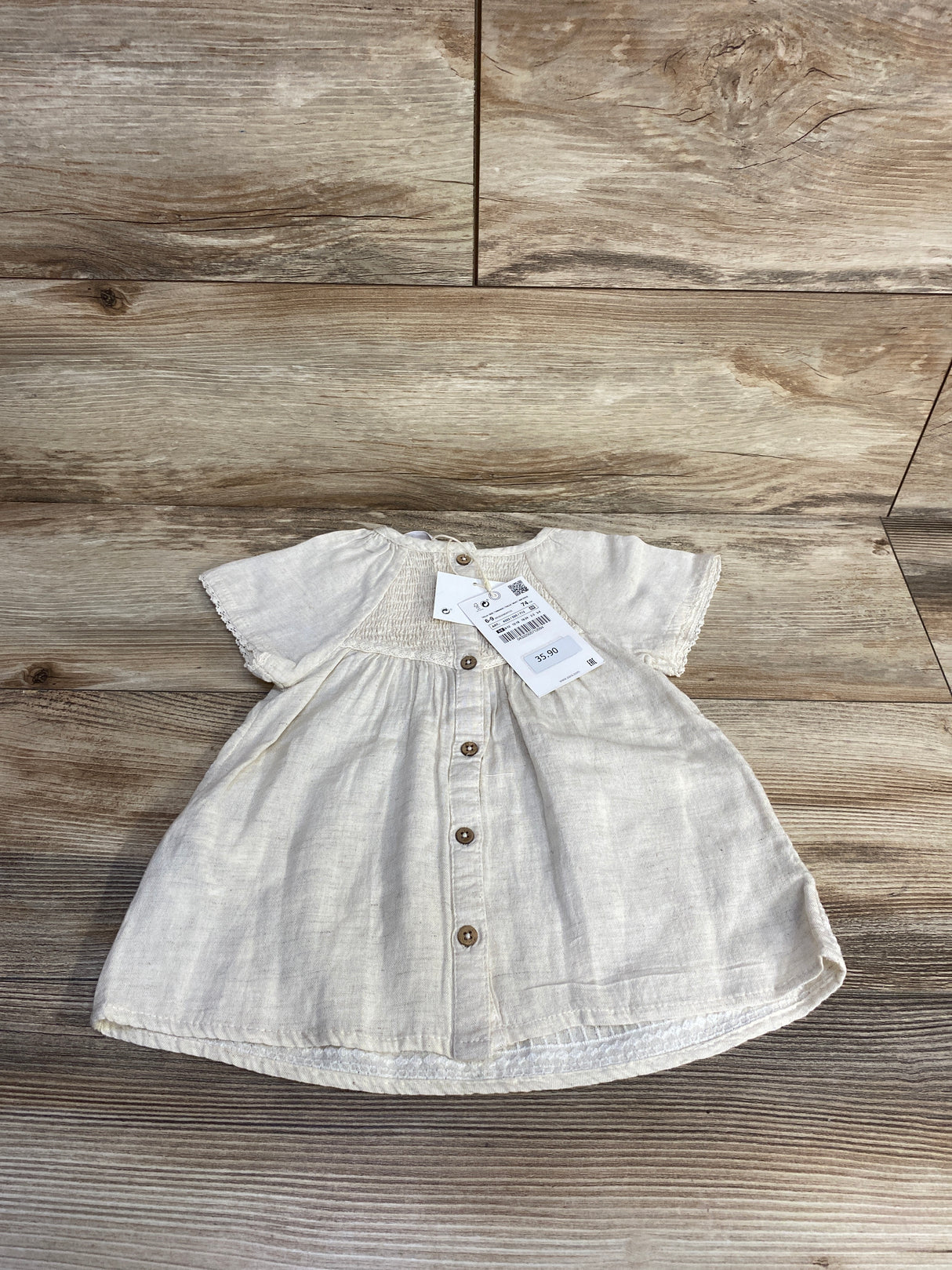 NEW Zara Smocked Linen Blend Dress Beige sz 6-9m