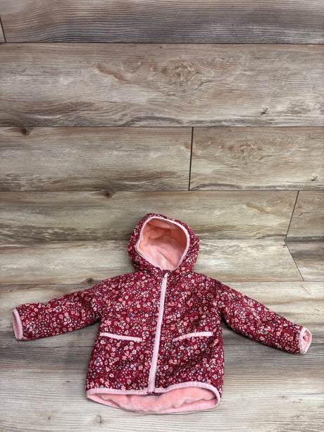 Flat lay of Penelope Mack red floral fur-lined jacket, size 18 months, with pink lining, hood, zipper, and pockets